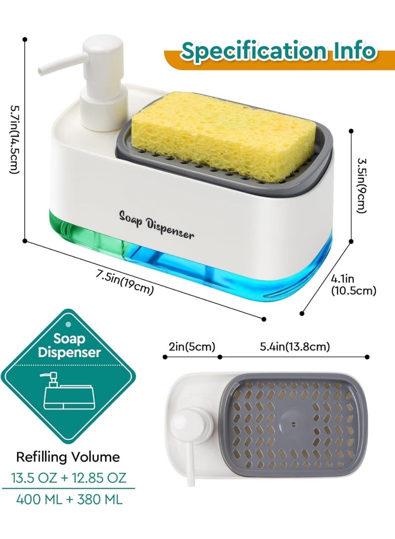 3 in 1 Kitchen Soap Dispenser with Sponge Holder and Drain Tray, Easy Refill and Easy Clean Liquid Soap Organizer for Sink Countertop - Image 2